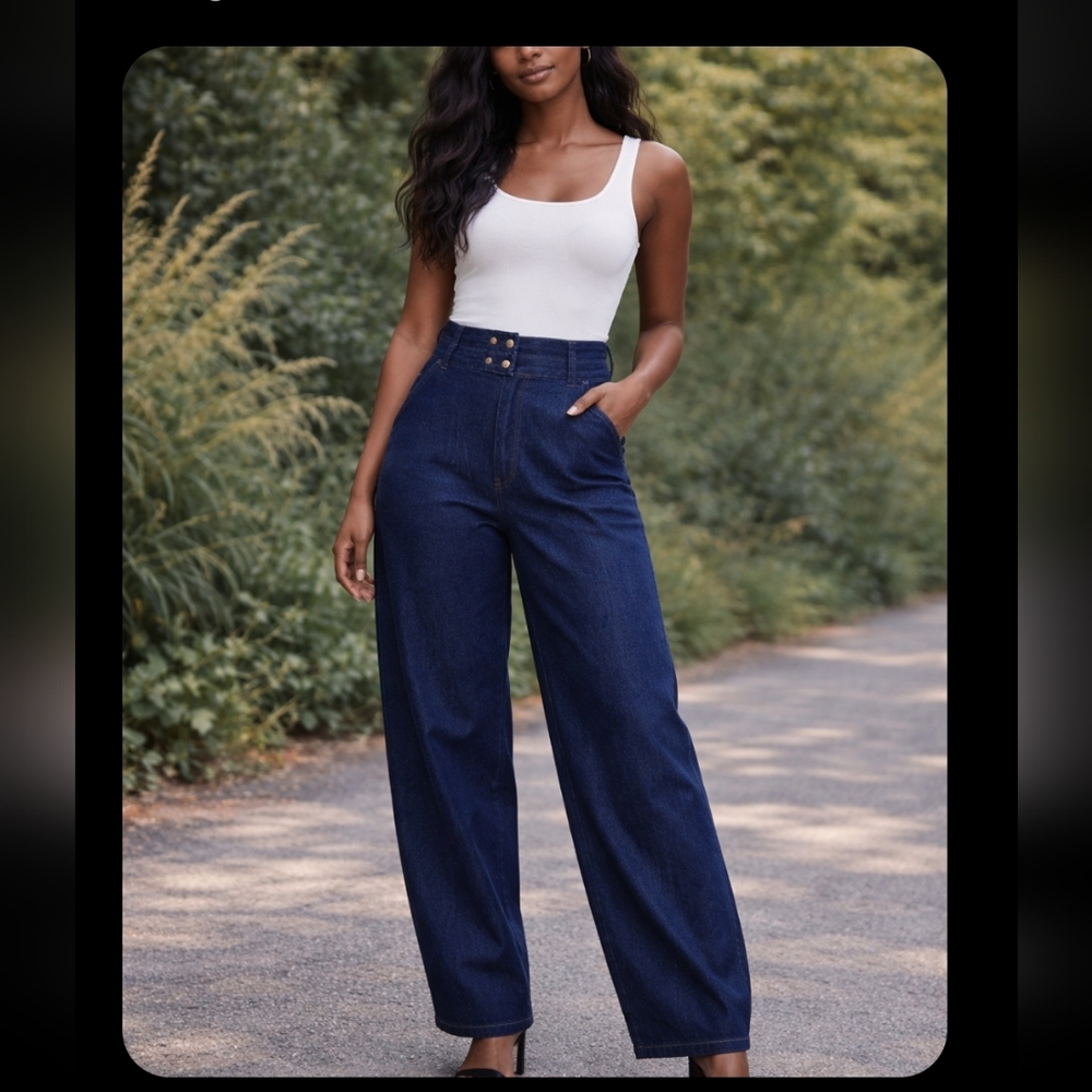 Commense High-Waisted Barrel‎ Dark Blue Denim Jeans